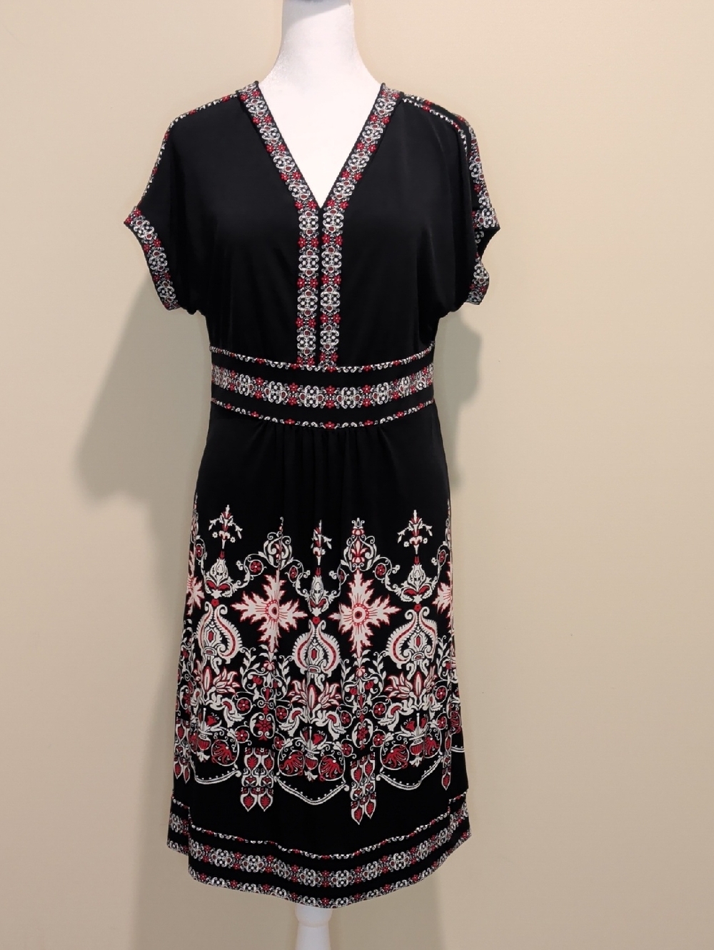 Madison Black Midi Dress with Red & White Medallion Border and Hem Motif
